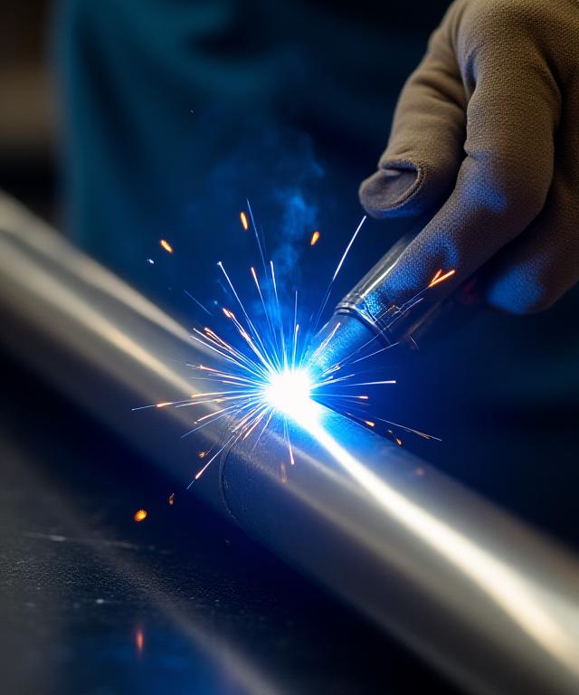 チタンパイプへのTIG溶接作業のクローズアップ